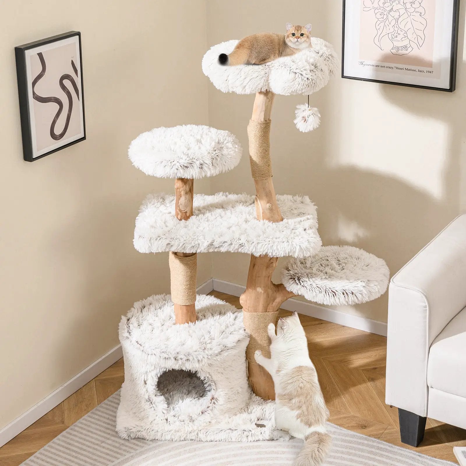 Modern Cat Tree 53 Inch Tall Natural Branch Wooden Cat Tower with Jute Scratching Posts-White by DirectDeals