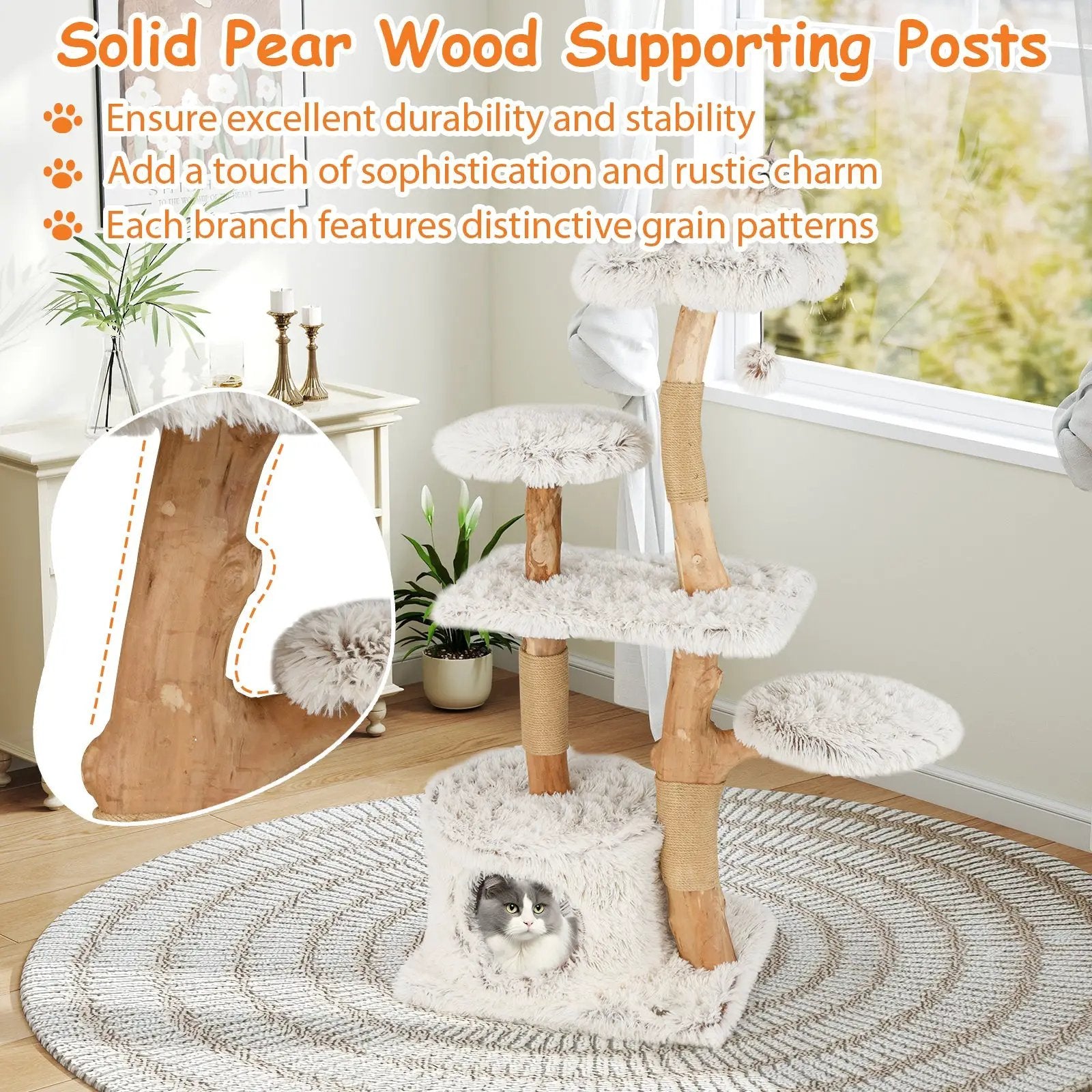 Modern Cat Tree 53 Inch Tall Natural Branch Wooden Cat Tower with Jute Scratching Posts-White by DirectDeals