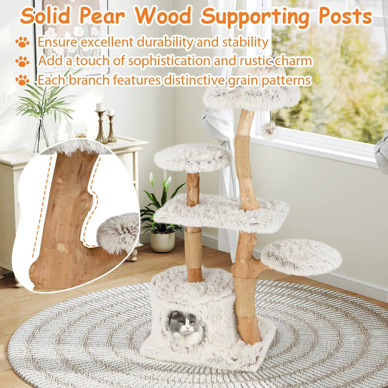 Modern Cat Tree 53 Inch Tall Natural Branch Wooden Cat Tower with Jute Scratching Posts-White by DirectDeals