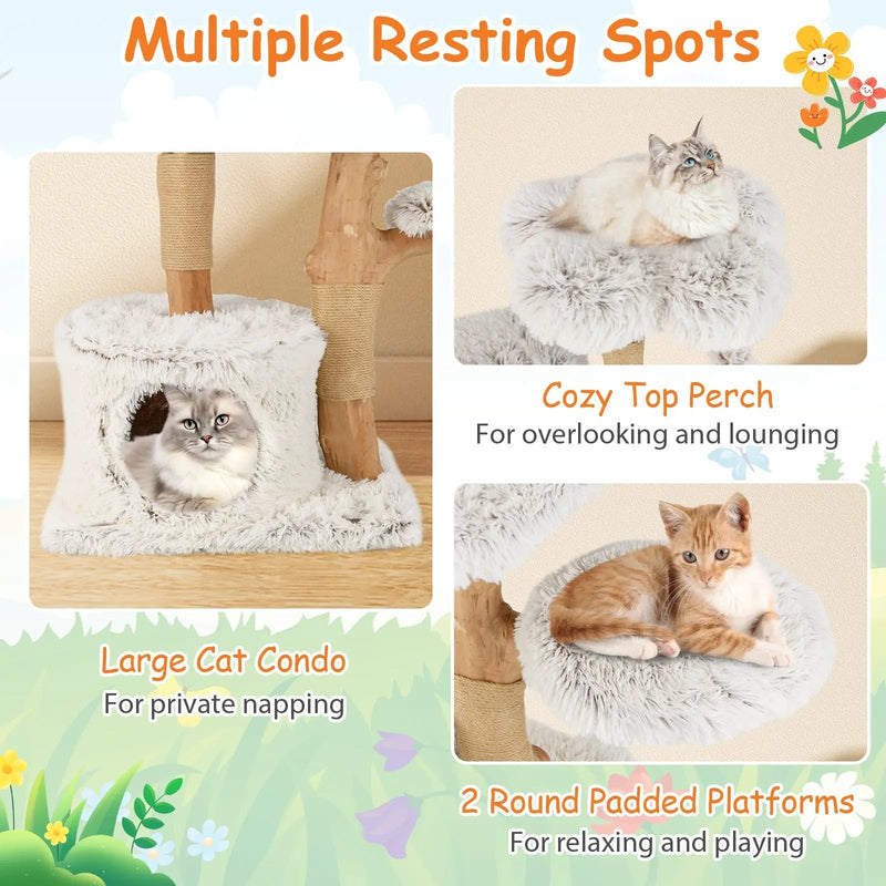 Modern Cat Tree 53 Inch Tall Natural Branch Wooden Cat Tower with Jute Scratching Posts-White by DirectDeals