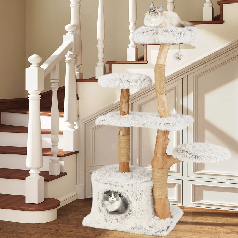 Modern Cat Tree 53 Inch Tall Natural Branch Wooden Cat Tower with Jute Scratching Posts-White by DirectDeals