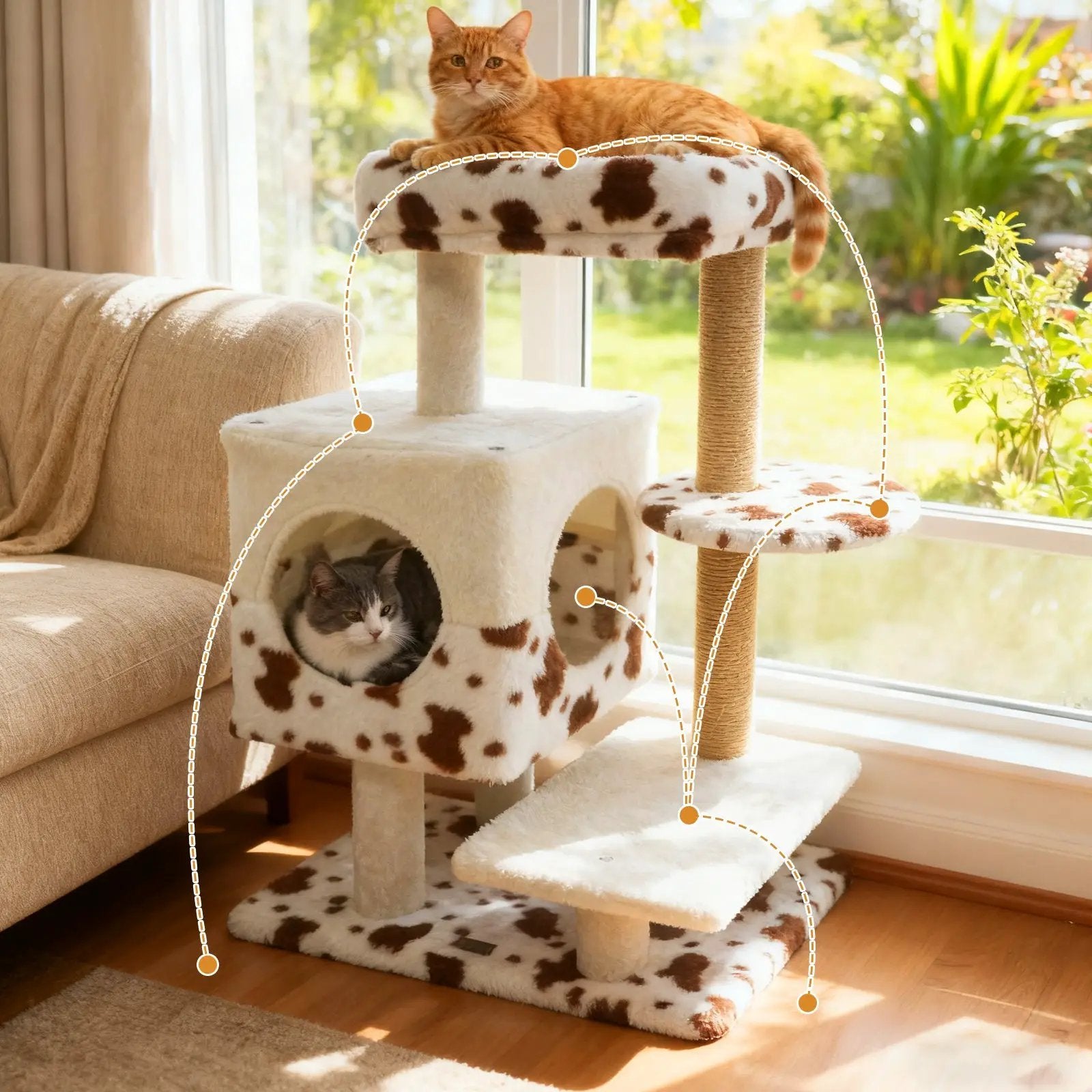 Modern Cat Tree Indoor Cat Tower with Wide Upholstered Perch and 2-Entrance Cat Condo-White by DirectDeals