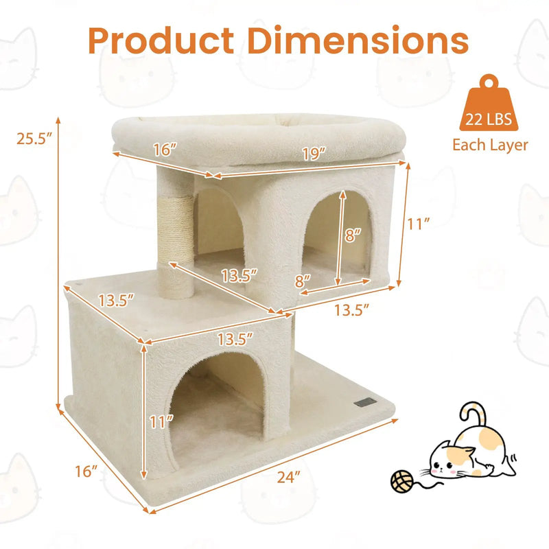 Modern Cat Tree Space-saving Cat Tower with Upholstered Perch and 2 Cat Condos by DirectDeals