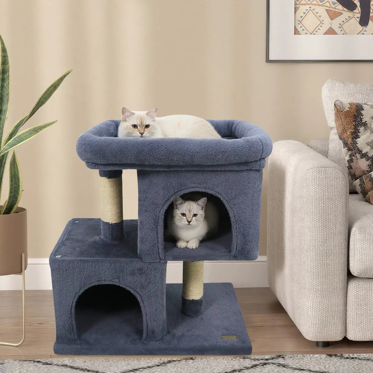 Modern Cat Tree Space-saving Cat Tower with Upholstered Perch and 2 Cat Condos, photo 2 of 32