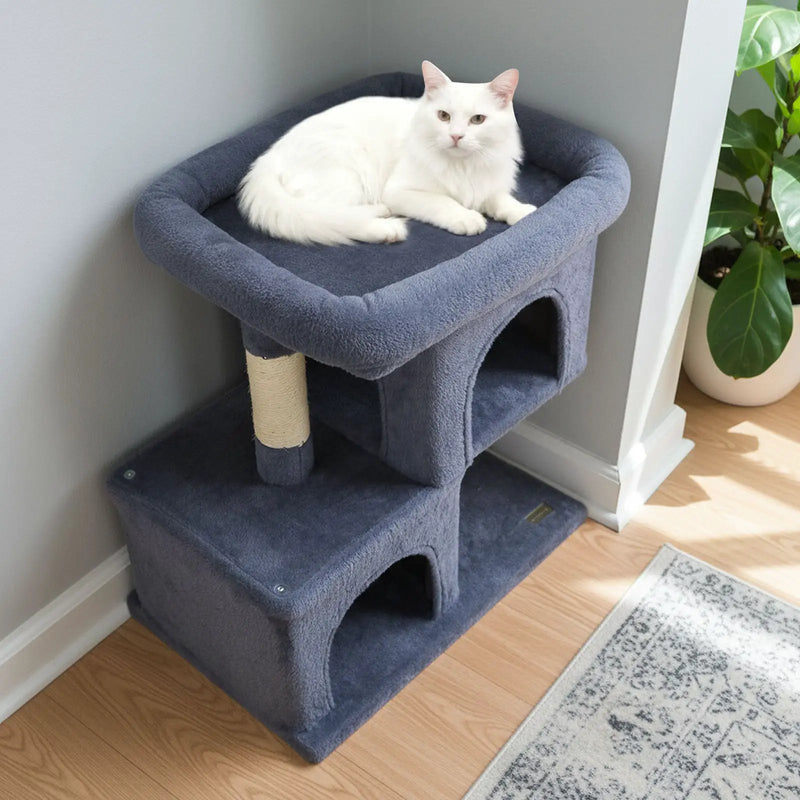 Modern Cat Tree Space-saving Cat Tower with Upholstered Perch and 2 Cat Condos by DirectDeals