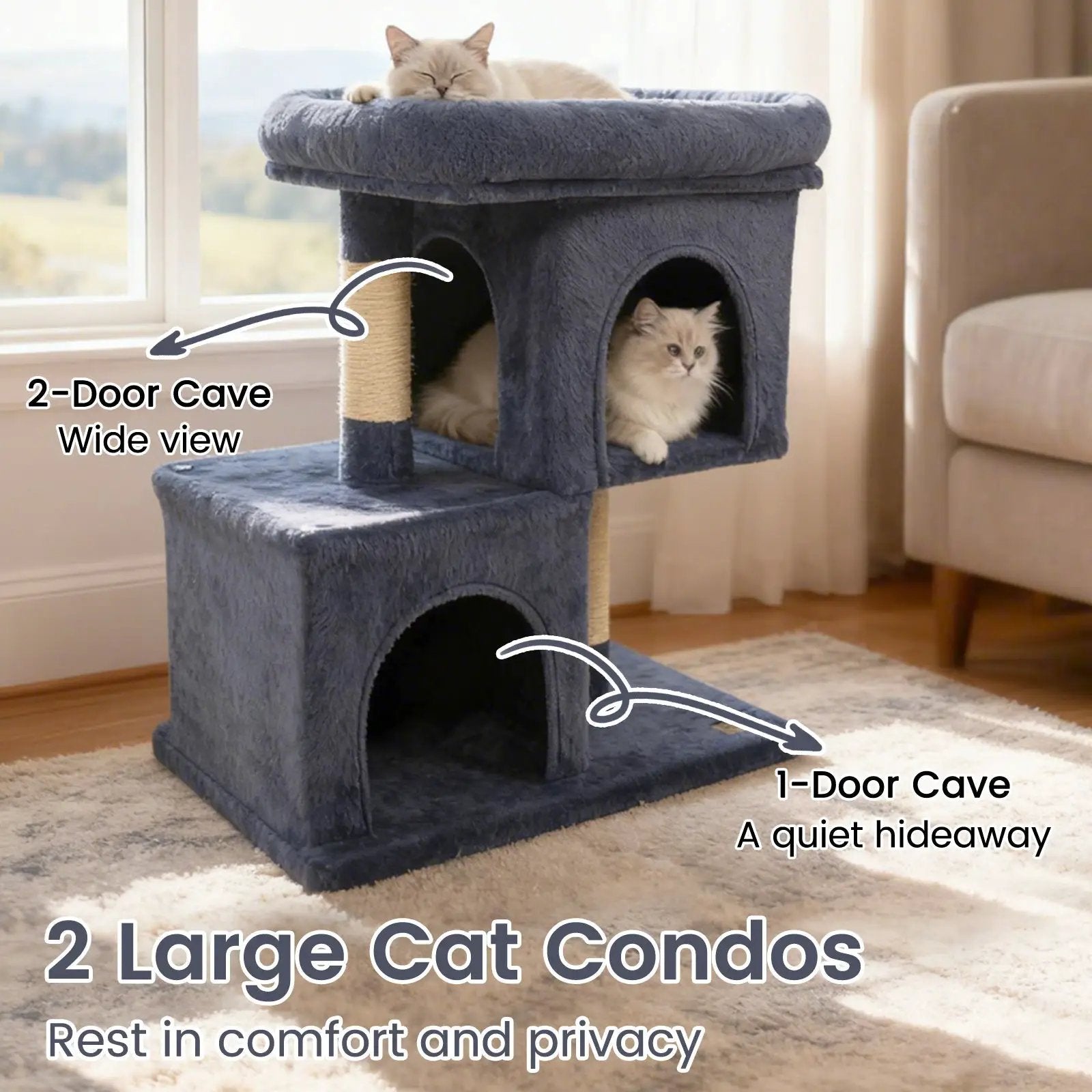 Modern Cat Tree Space-saving Cat Tower with Upholstered Perch and 2 Cat Condos by DirectDeals