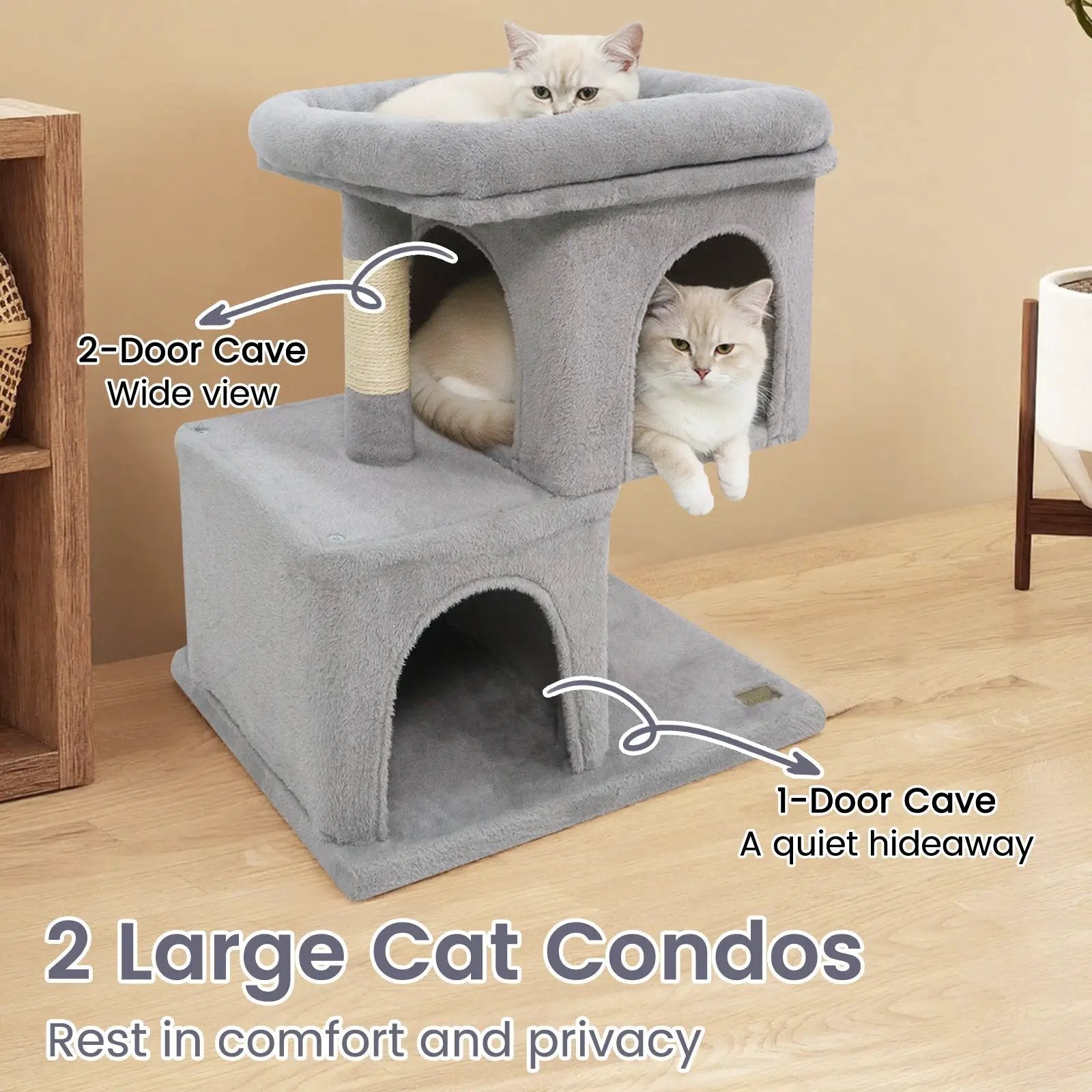 Modern Cat Tree Space-saving Cat Tower with Upholstered Perch and 2 Cat Condos by DirectDeals
