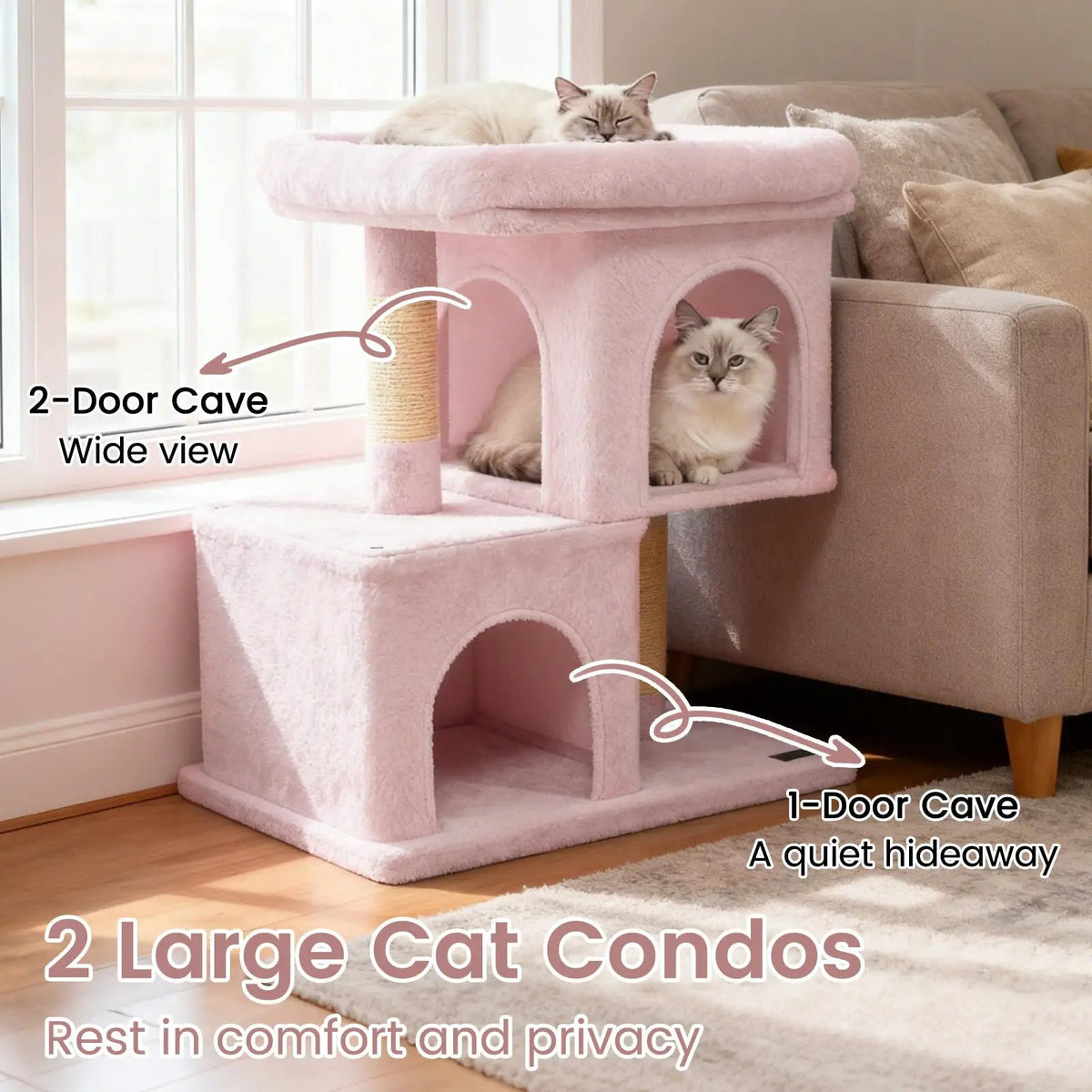Modern Cat Tree Space-saving Cat Tower with Upholstered Perch and 2 Cat Condos, photo 24 of 32