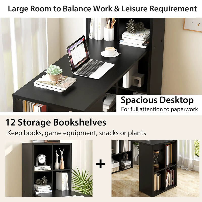 Modern Computer Desk with 12 Cubes Bookshelf-Black by DirectDeals