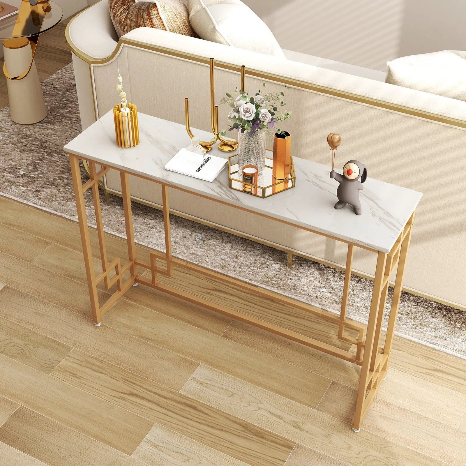 Modern Console Table with Geometric Frame and Faux Marble Tabletop-White by DirectDeals