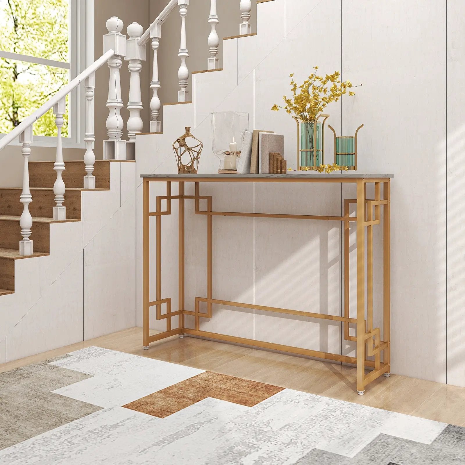 Modern Console Table with Geometric Frame and Faux Marble Tabletop-White by DirectDeals