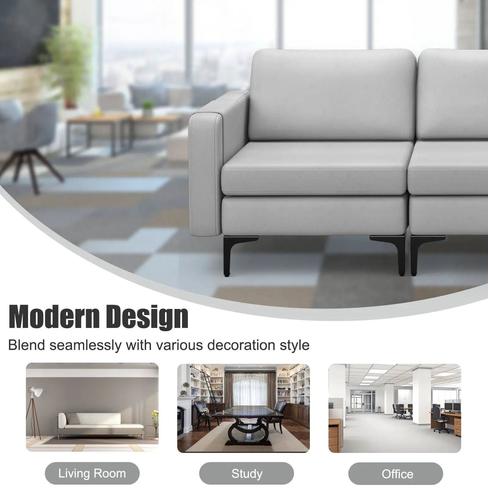 3-Seat Sectional Sofa Couch with Armrest Magazine Pocket and Metal Leg by DirectDeals