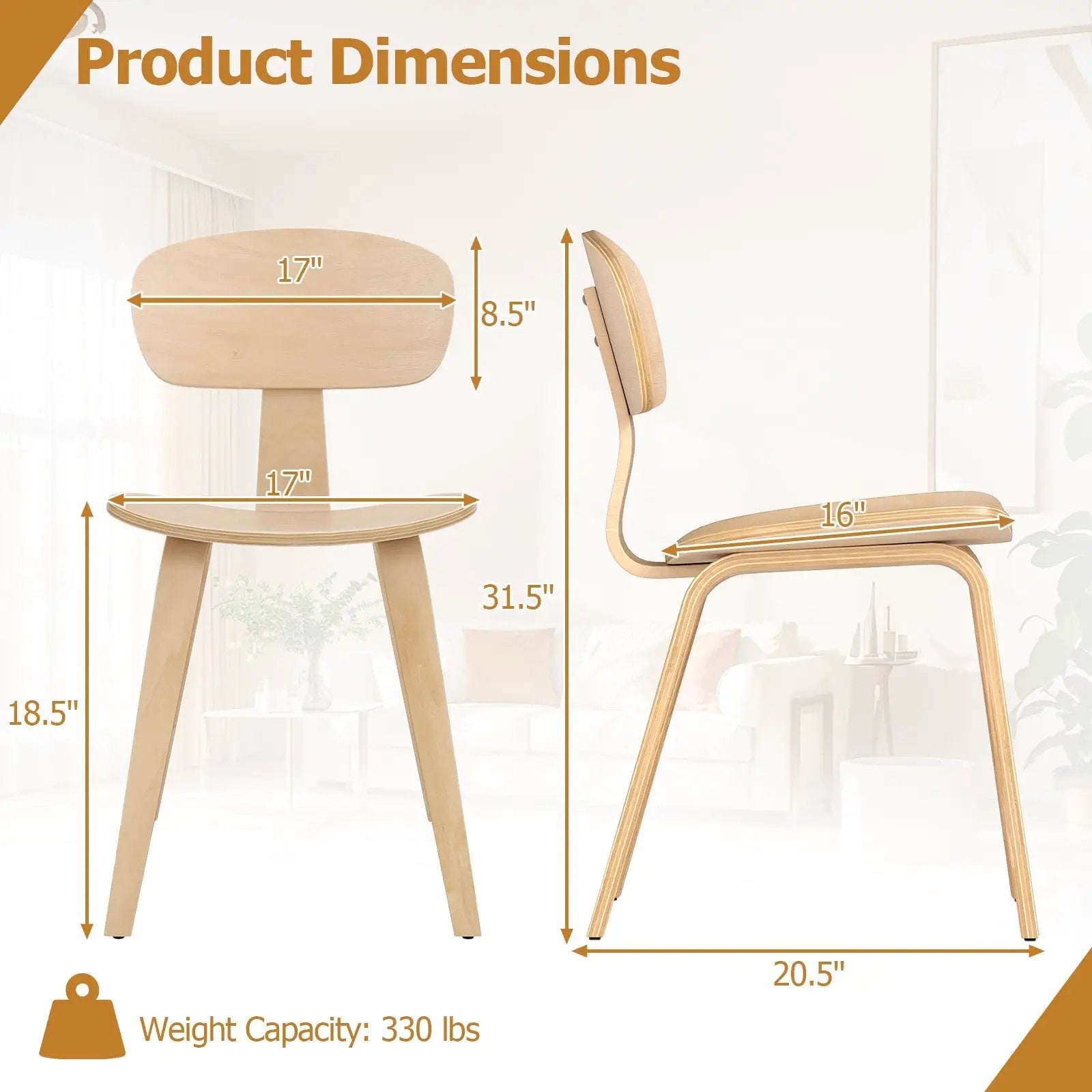 Modern Dining Chair Set of 2 with Wide Seat-Natural by DirectDeals