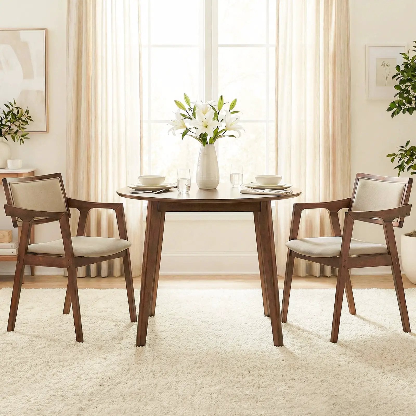 Modern Fabric Upholstered Rubber Wood Dining Chairs Set of 2 with Arms-Beige by DirectDeals