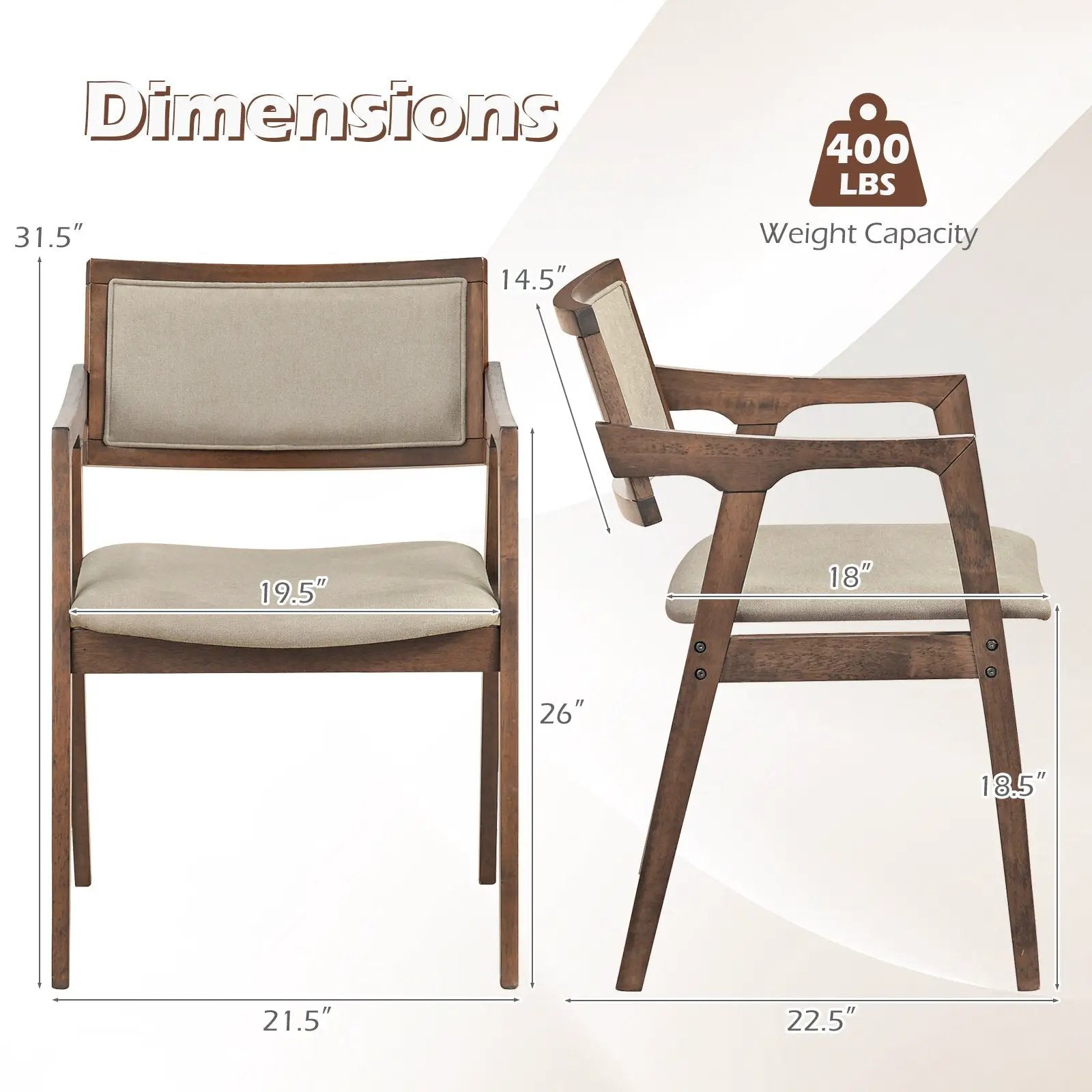 Modern Fabric Upholstered Rubber Wood Dining Chairs Set of 2 with Arms-Beige by DirectDeals