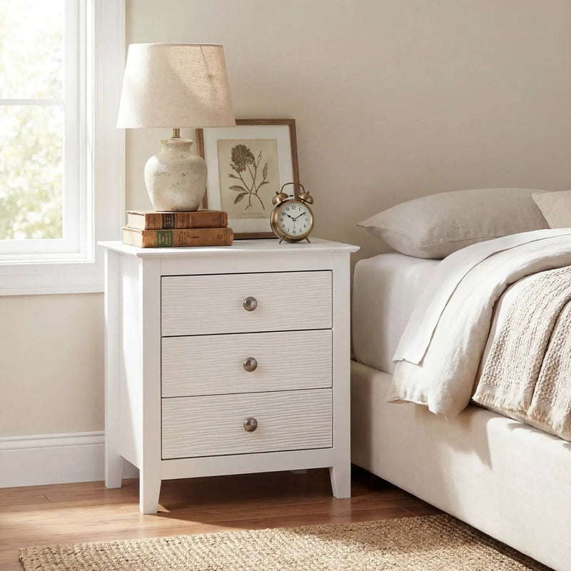 Modern Farmhouse 3-Drawer NightStand with Wood Grain Accents and Sleek Knobs by DirectDeals