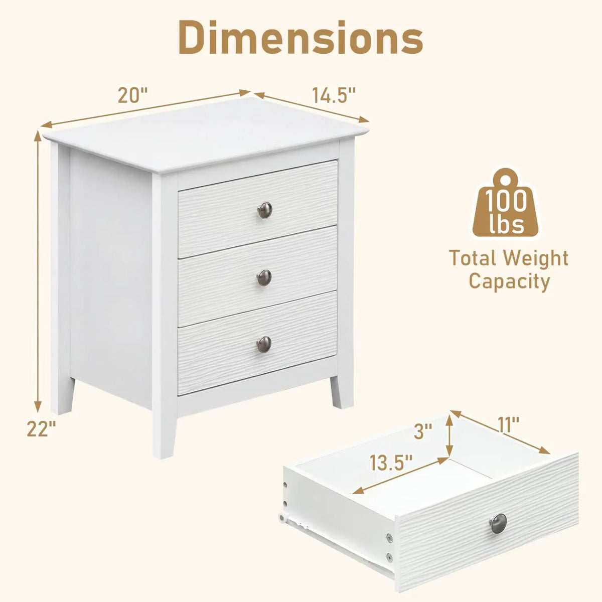 Modern Farmhouse 3-Drawer NightStand with Wood Grain Accents and Sleek Knobs, photo 5 of 16