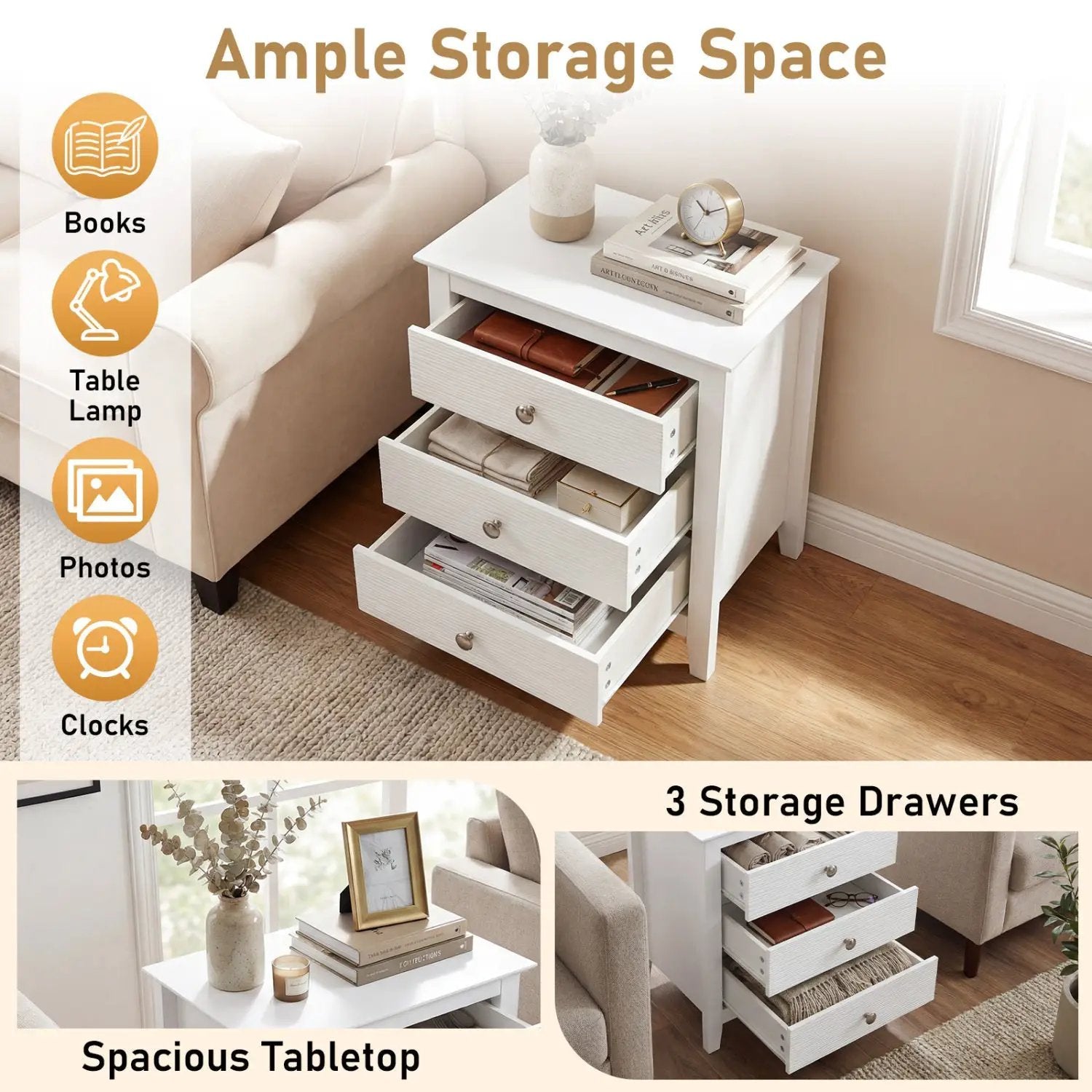 Modern Farmhouse 3-Drawer NightStand with Wood Grain Accents and Sleek Knobs by DirectDeals