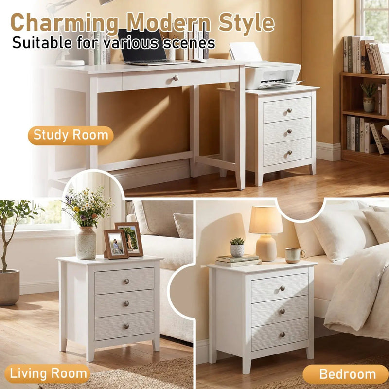 Modern Farmhouse 3-Drawer NightStand with Wood Grain Accents and Sleek Knobs by DirectDeals