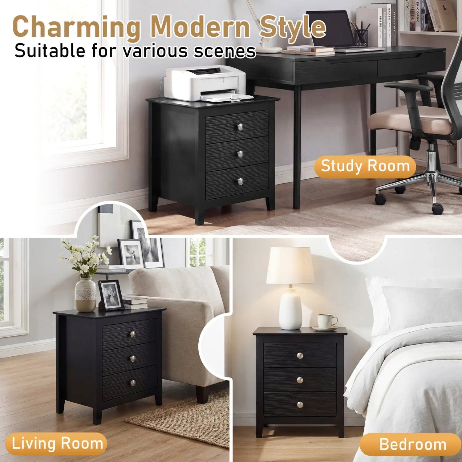 Modern Farmhouse 3-Drawer NightStand with Wood Grain Accents and Sleek Knobs by DirectDeals