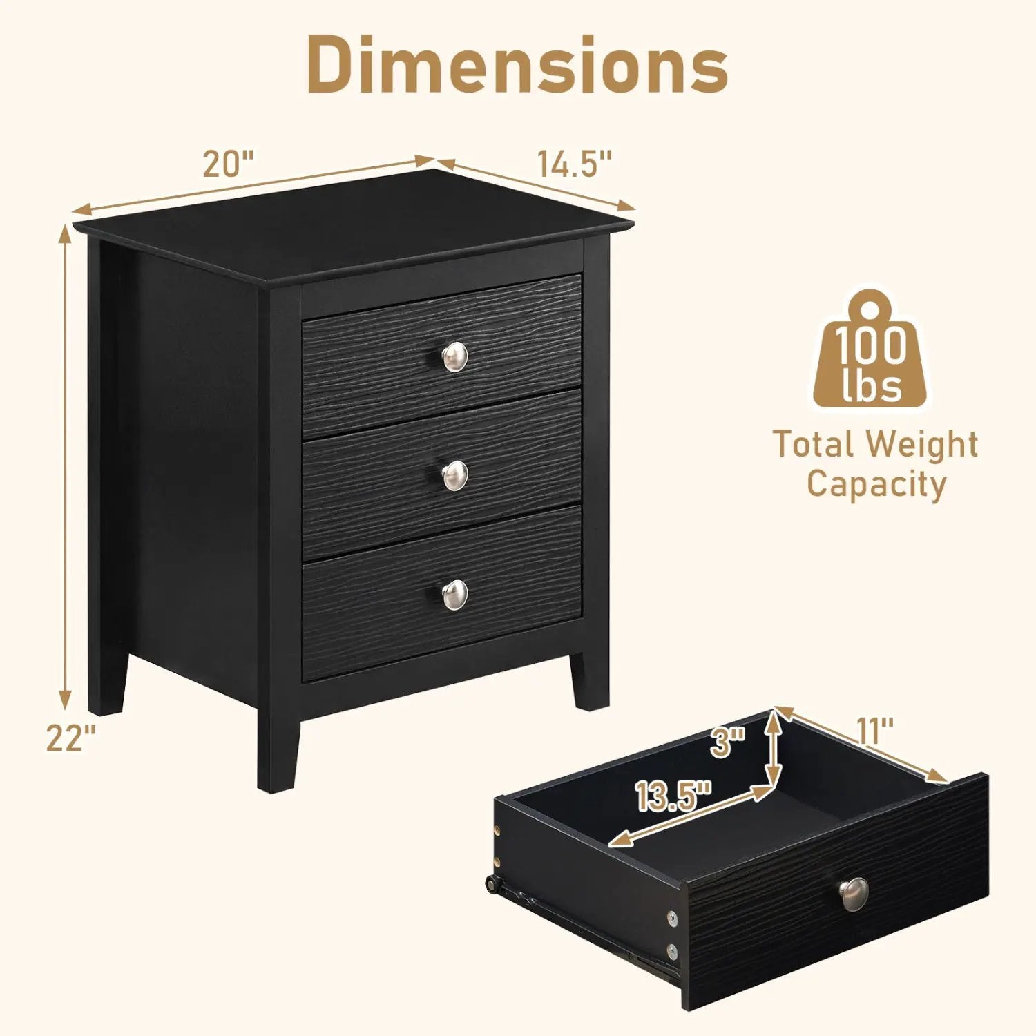 Modern Farmhouse 3-Drawer Night Stand with Wood Grain Accents for Bedroom by DirectDeals