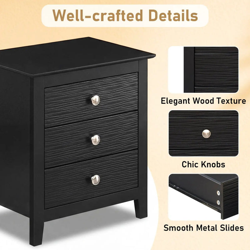 Modern Farmhouse 3-Drawer Night Stand with Wood Grain Accents for Bedroom by DirectDeals
