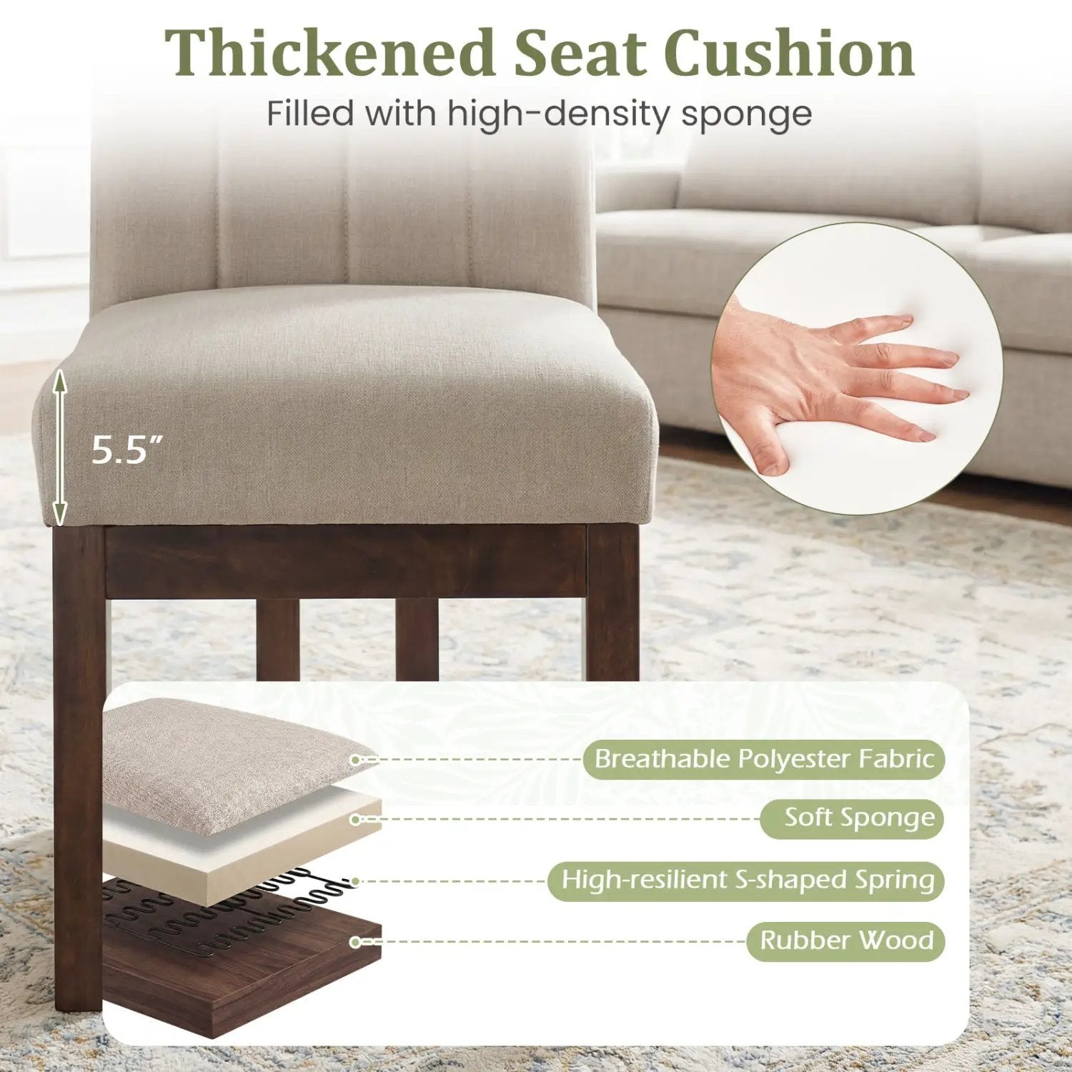 Modern Farmhouse Fabric Dining Chairs Set of 2 with 5.5" Thickened Padded Seat by DirectDeals