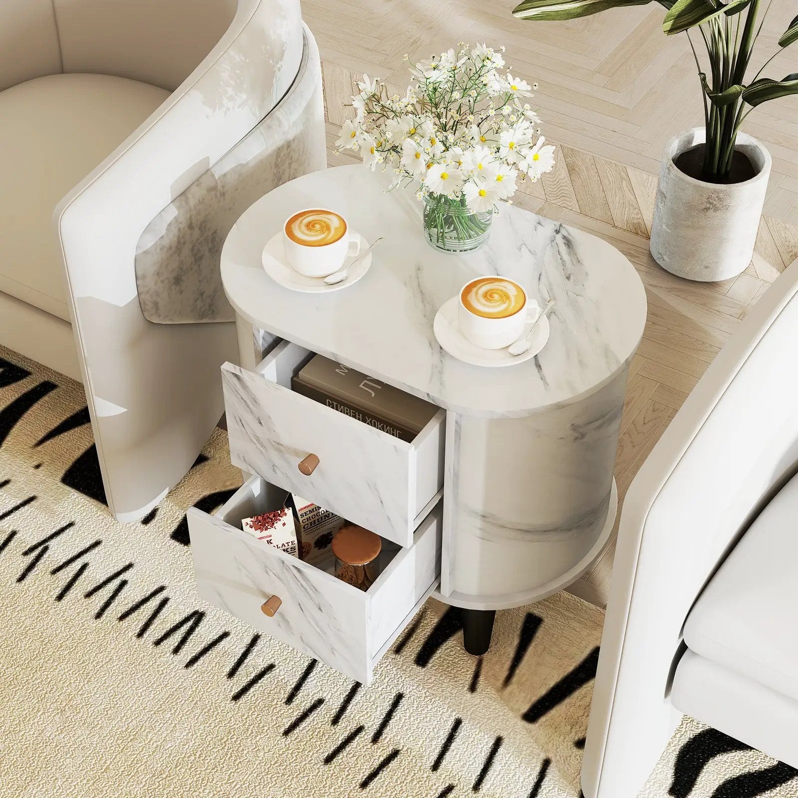 2-Drawer Nightstand Modern Faux Marble Bedside Table with Storage-White by DirectDeals