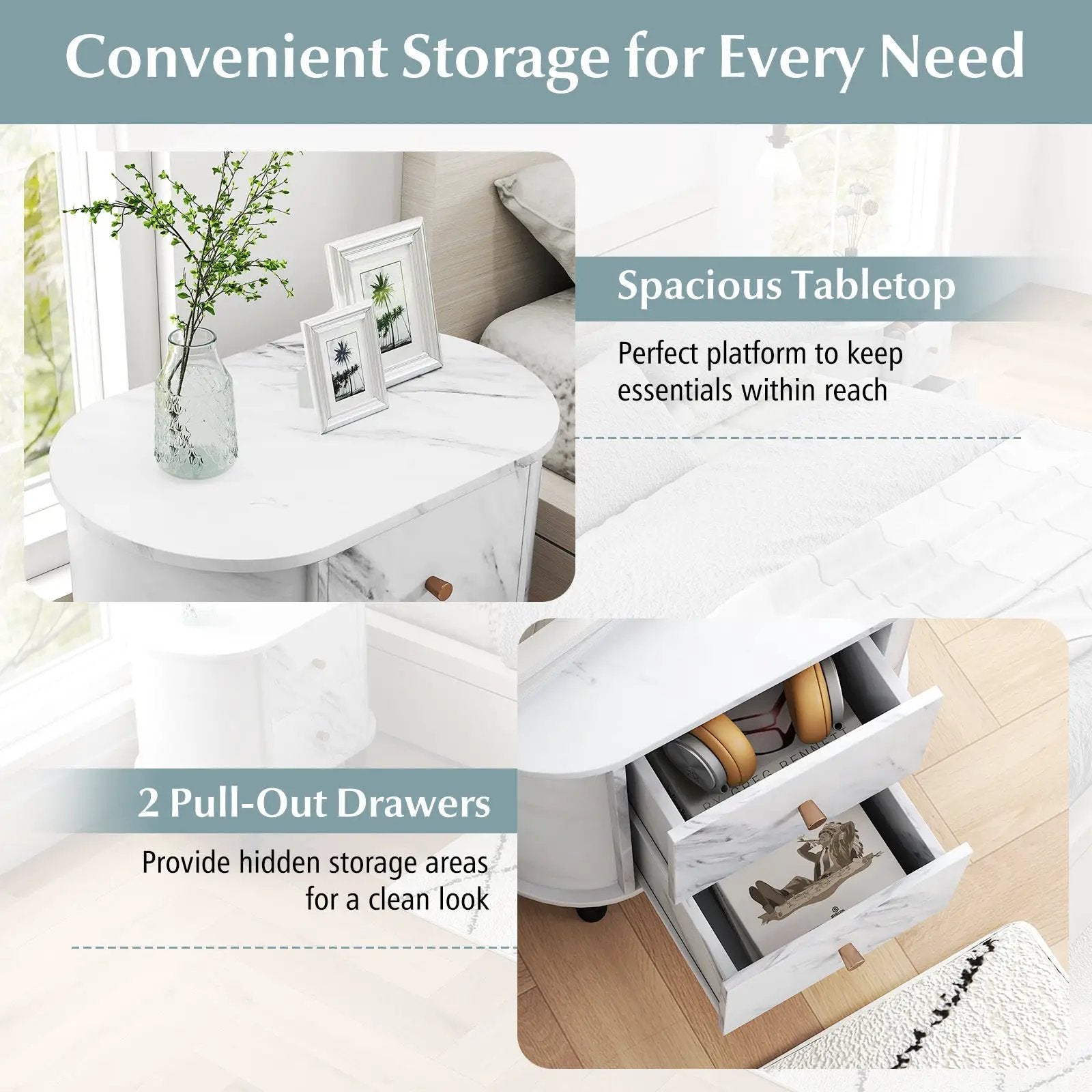 2-Drawer Nightstand Modern Faux Marble Bedside Table with Storage-White by DirectDeals
