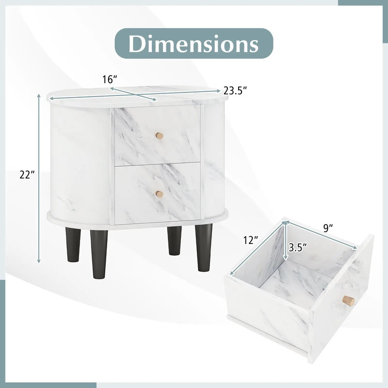 2-Drawer Nightstand Modern Faux Marble Bedside Table with Storage-White by DirectDeals