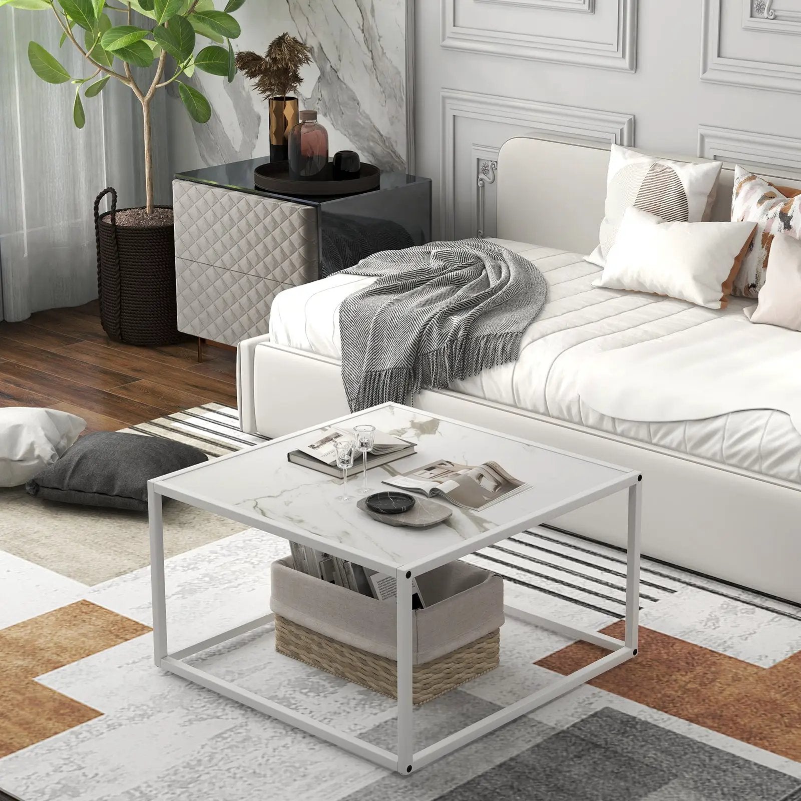Modern Glass Square Coffee Table with Metal Frame for Living Room by DirectDeals