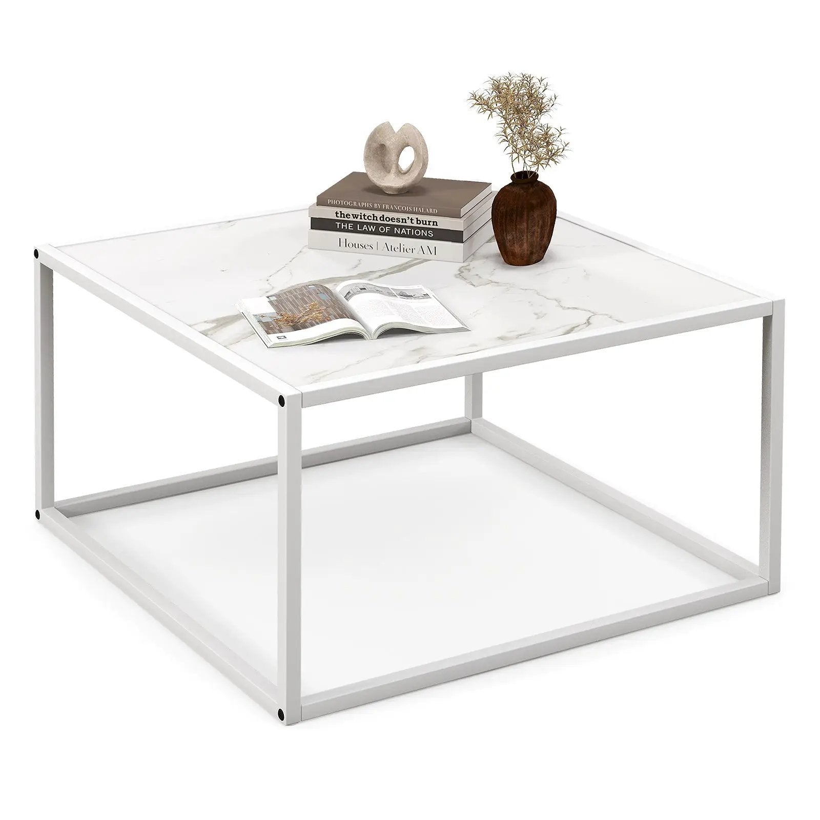 Modern Glass Square Coffee Table with Metal Frame for Living Room by DirectDeals