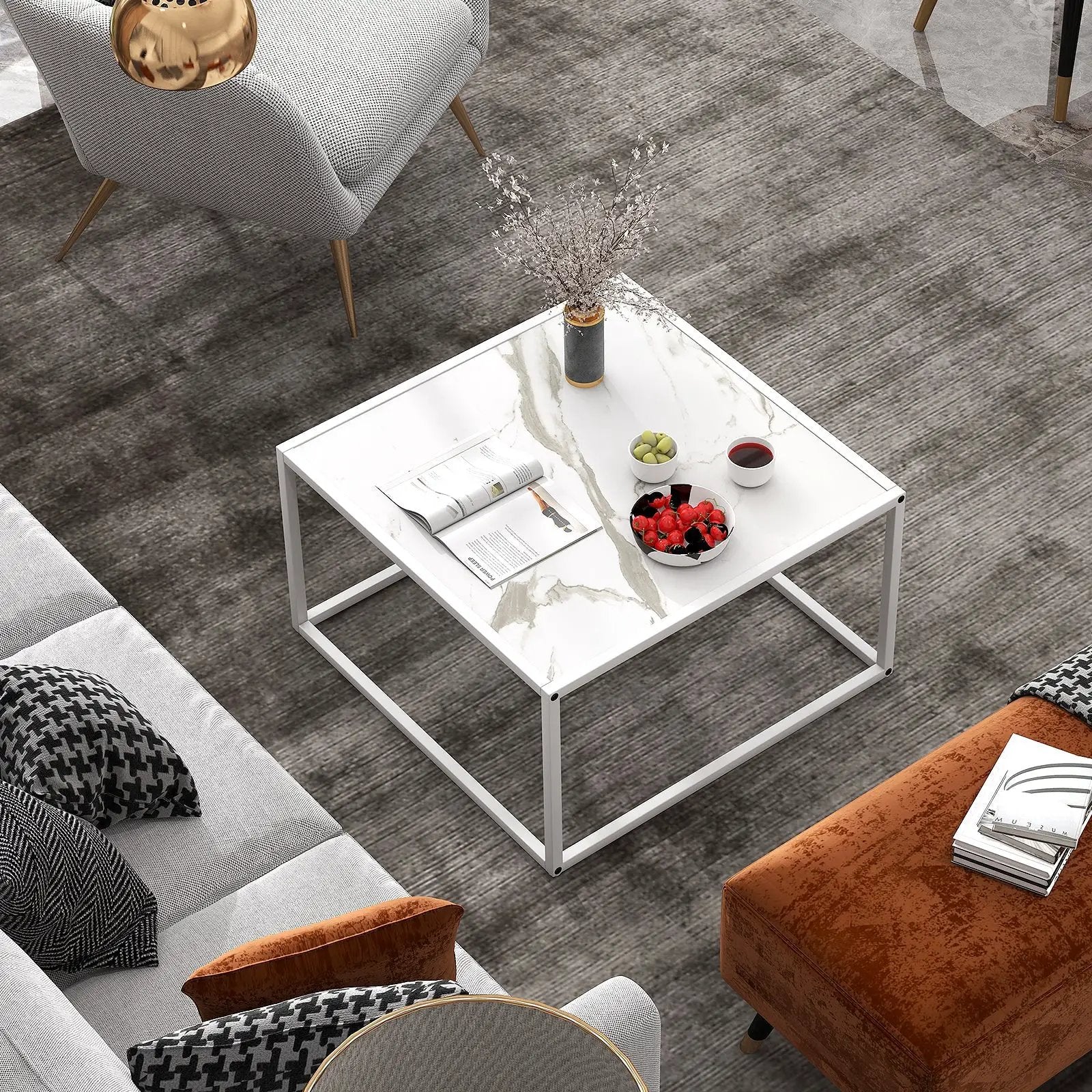 Modern Glass Square Coffee Table with Metal Frame for Living Room by DirectDeals