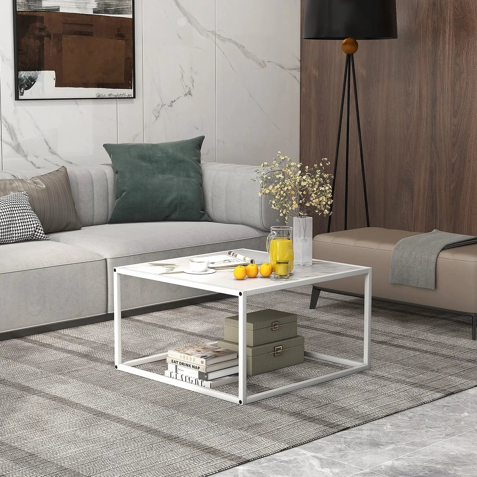 Modern Glass Square Coffee Table with Metal Frame for Living Room by DirectDeals