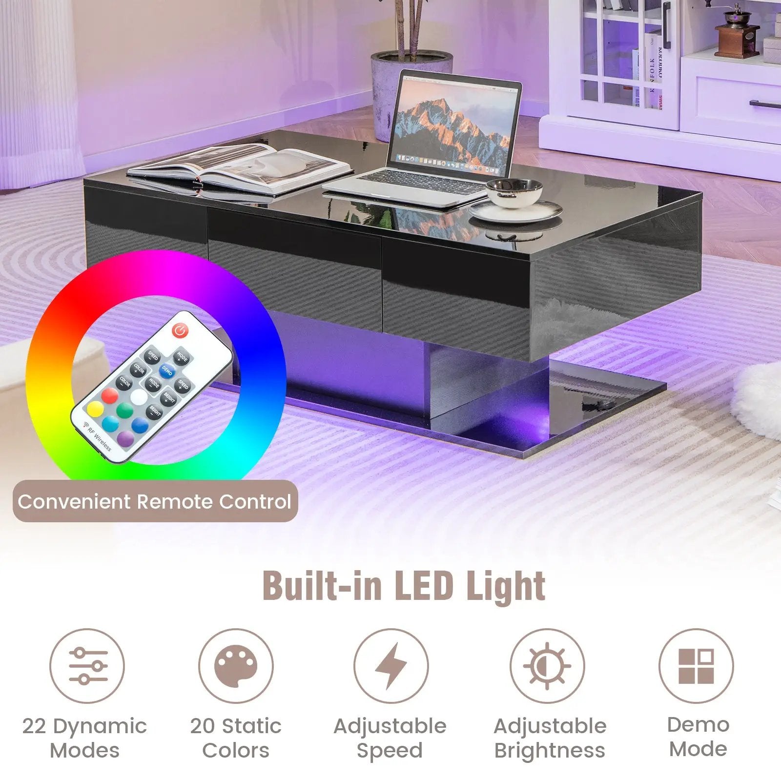 Modern LED Coffee Table with 20 Color LED Lights and 2 Storage Drawers by DirectDeals
