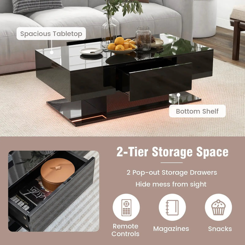 Modern LED Coffee Table with 20 Color LED Lights and 2 Storage Drawers by DirectDeals