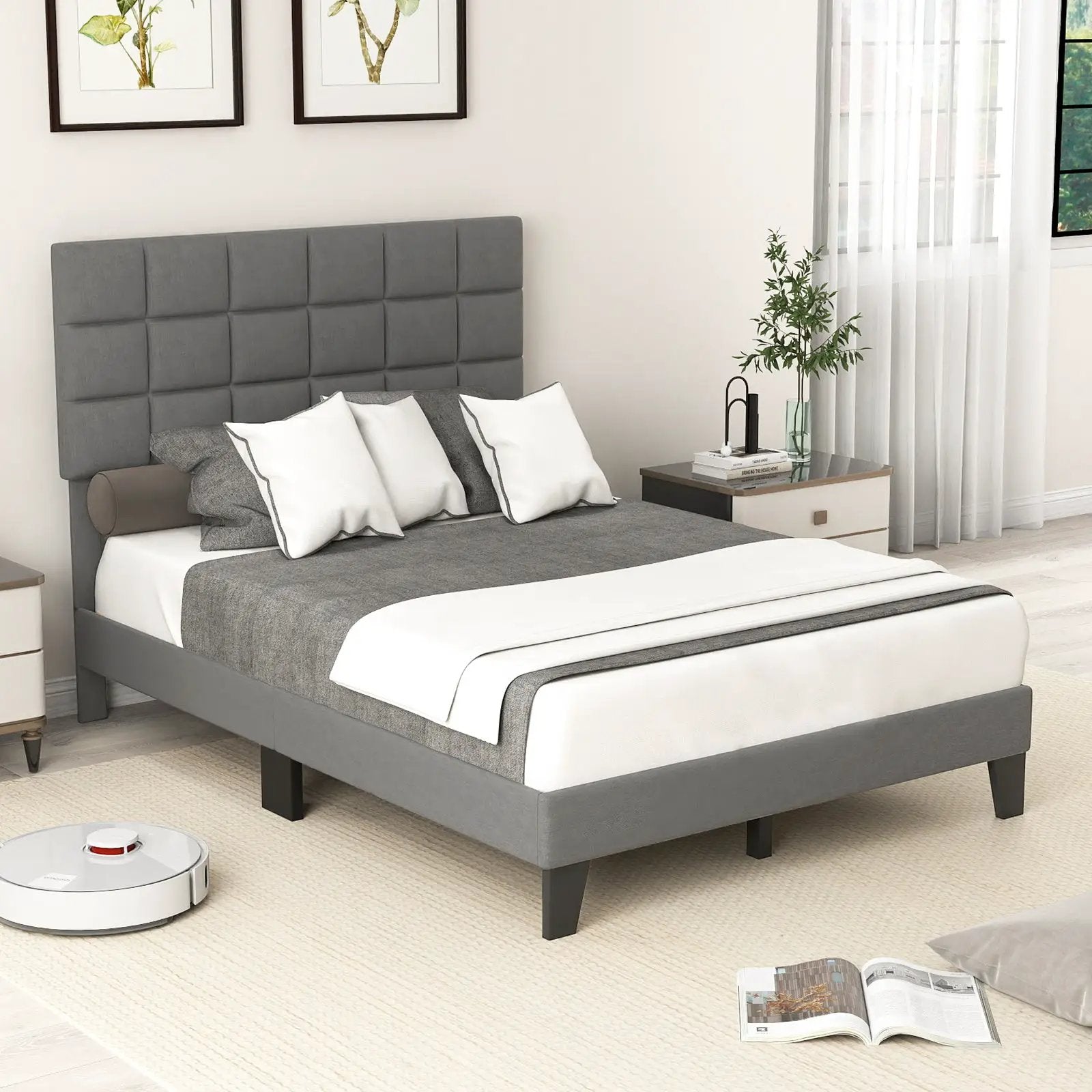 Full Size Modern Linen Bed Frame with Adjustable Headboard-Gray by DirectDeals