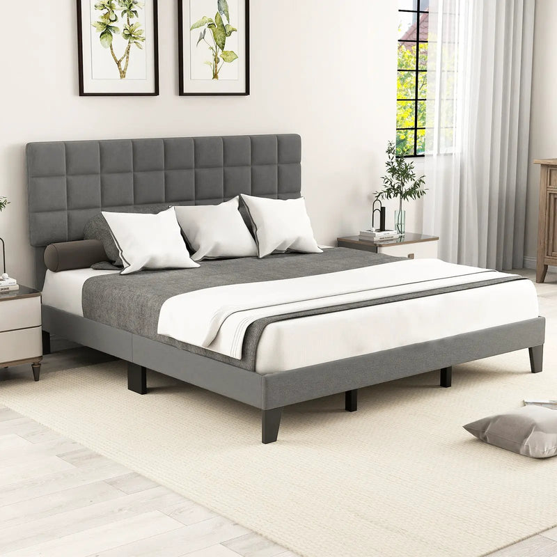 King Size Modern Linen Bed Frame with Adjustable Headboard-Gray by DirectDeals