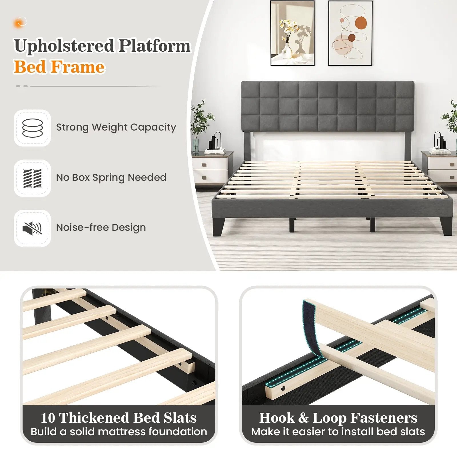King Size Modern Linen Bed Frame with Adjustable Headboard-Gray by DirectDeals