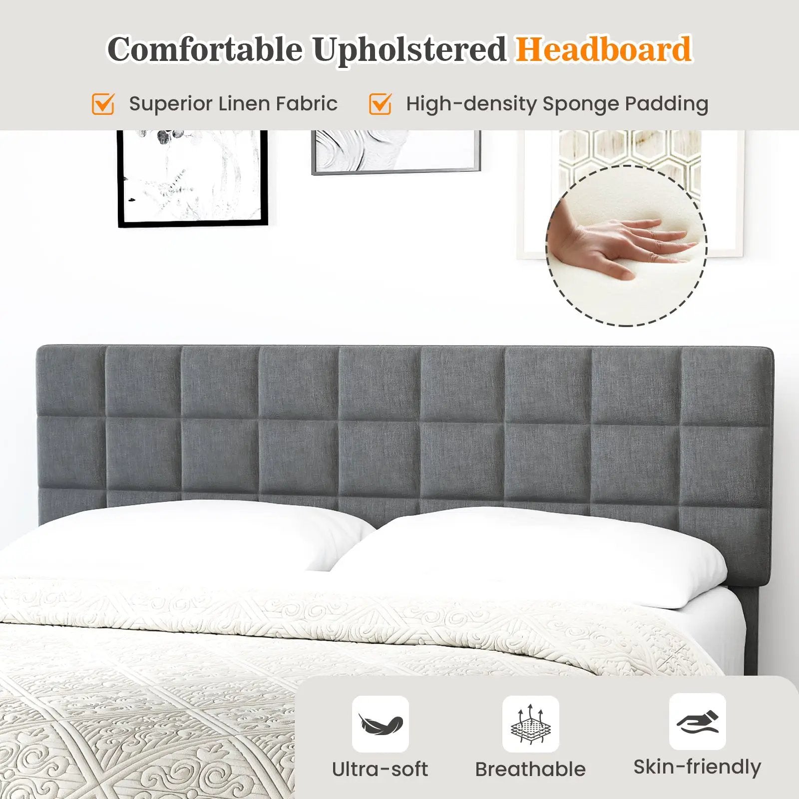 King Size Modern Linen Bed Frame with Adjustable Headboard-Gray by DirectDeals