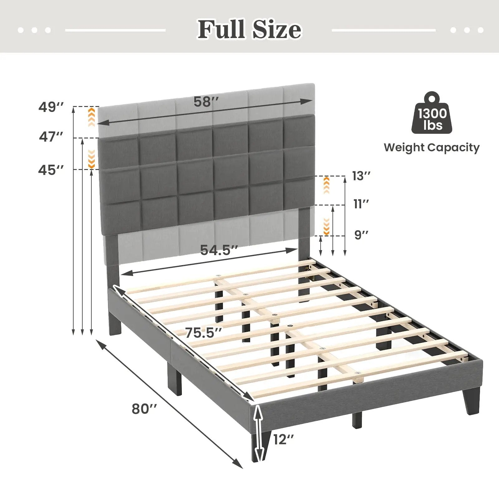 Full Size Modern Linen Bed Frame with Adjustable Headboard-Gray by DirectDeals