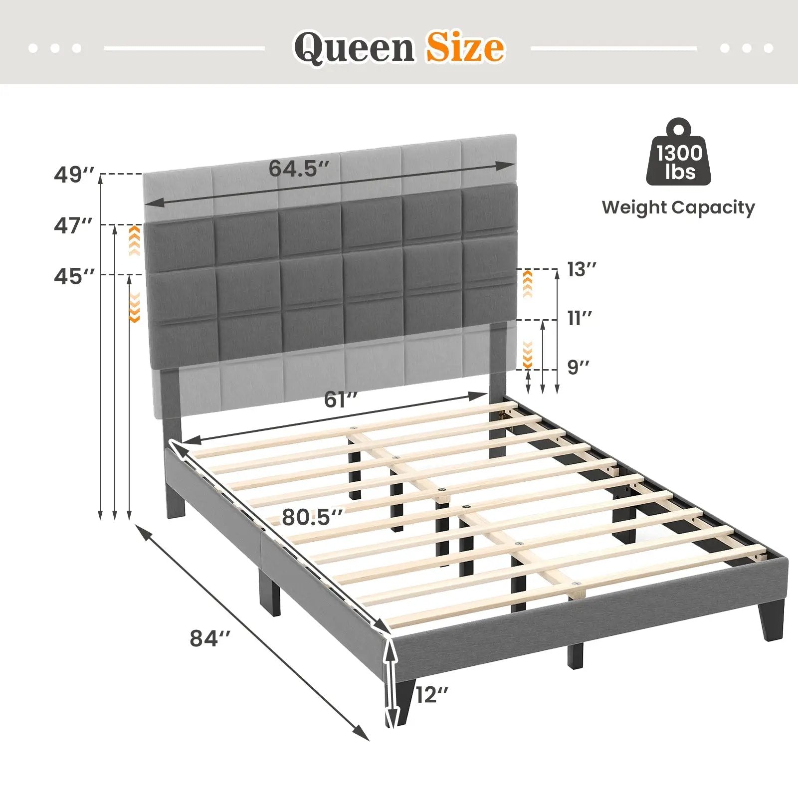 Queen Size Modern Linen Bed Frame with Adjustable Headboard-Gray by DirectDeals