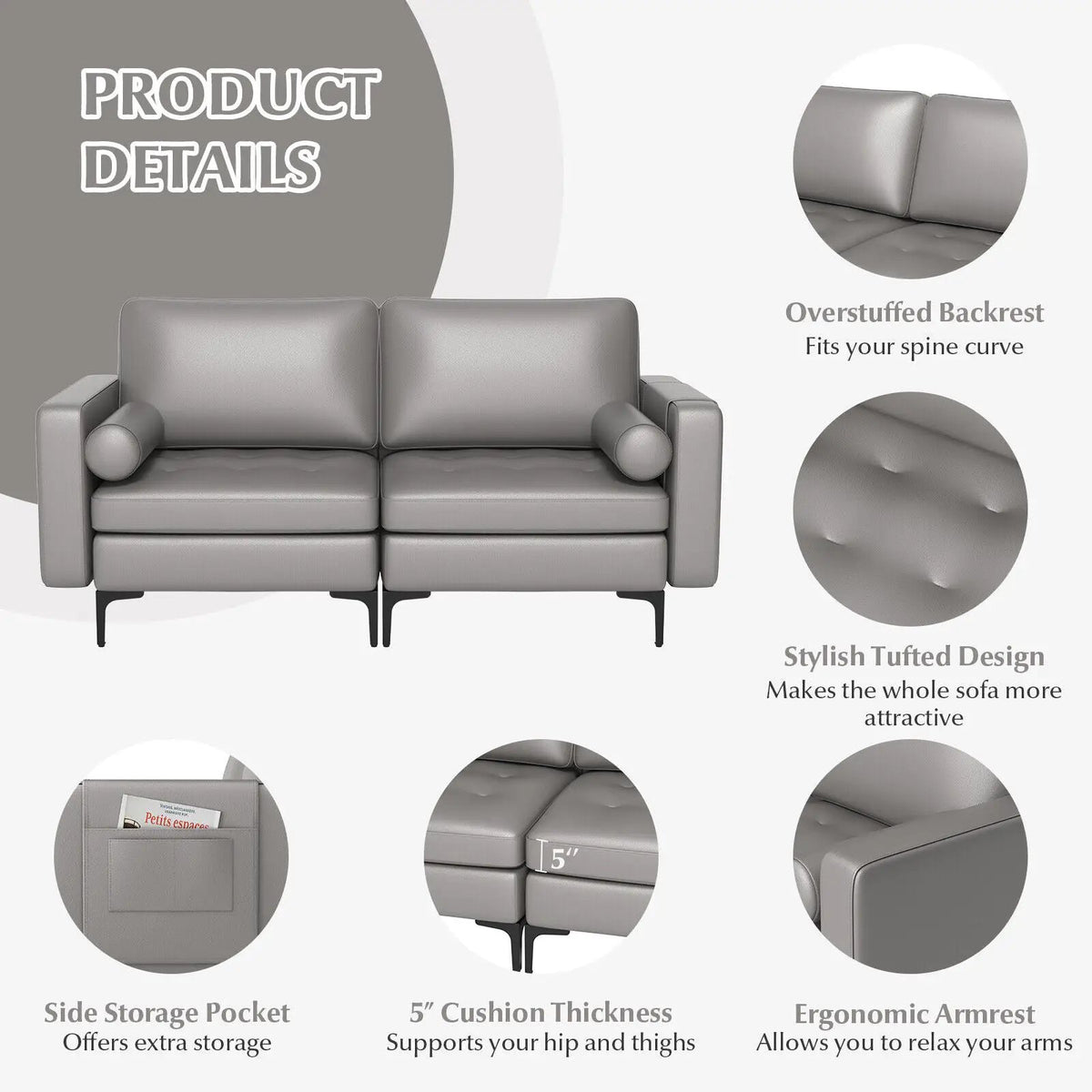 Modern Loveseat Sofa with 2 Bolsters and Side Storage Pocket, detail 2