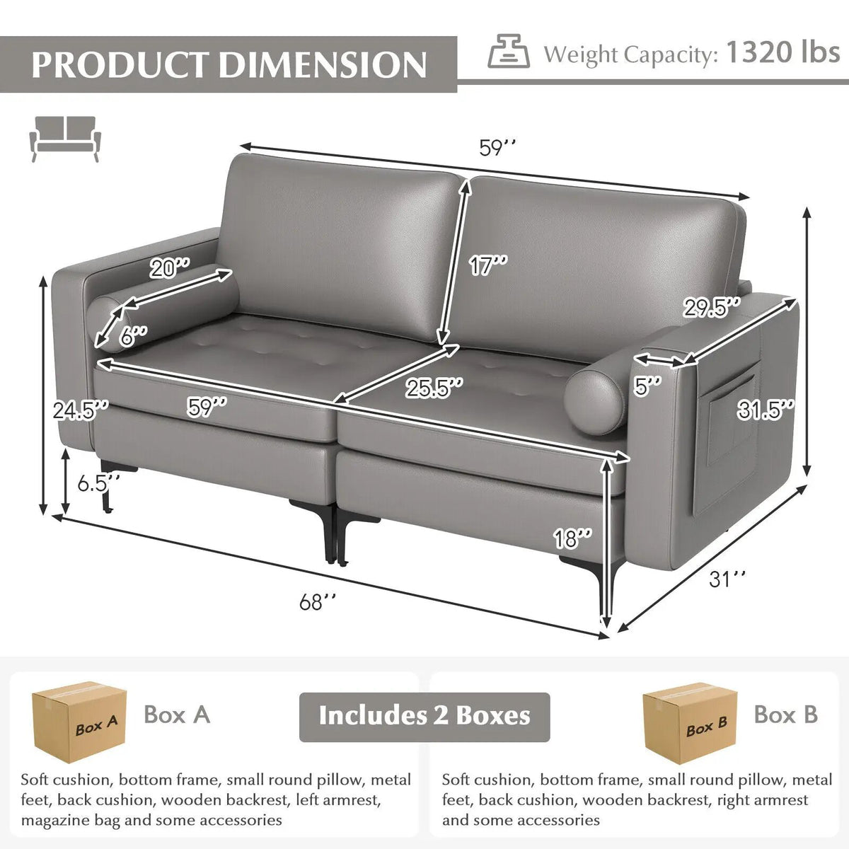 Modern Loveseat Sofa with 2 Bolsters and Side Storage Pocket, photo 14 of 24