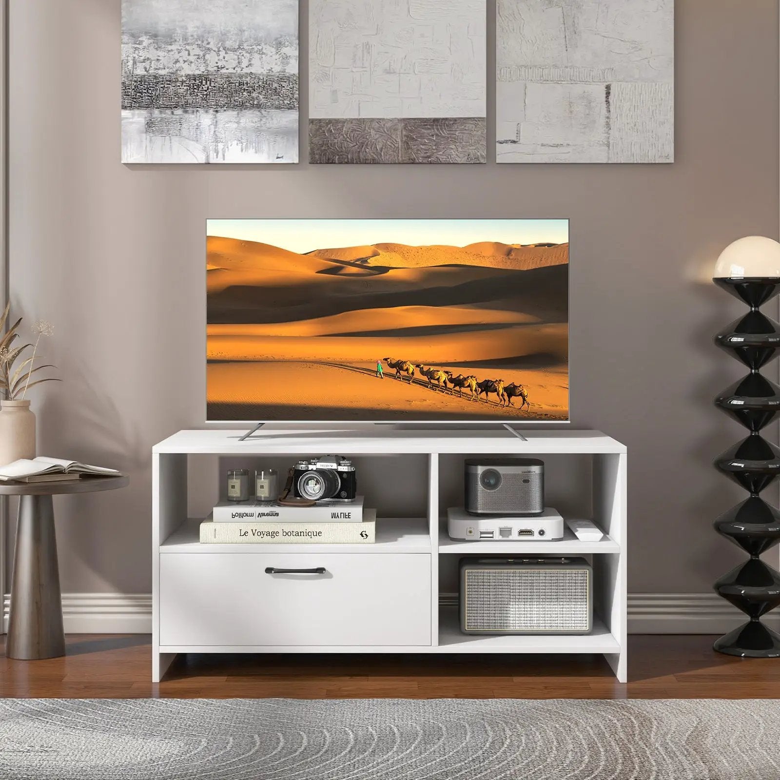 Modern Media Console Table with 3 Open Compartments and 1 Storage Drawer-White by DirectDeals