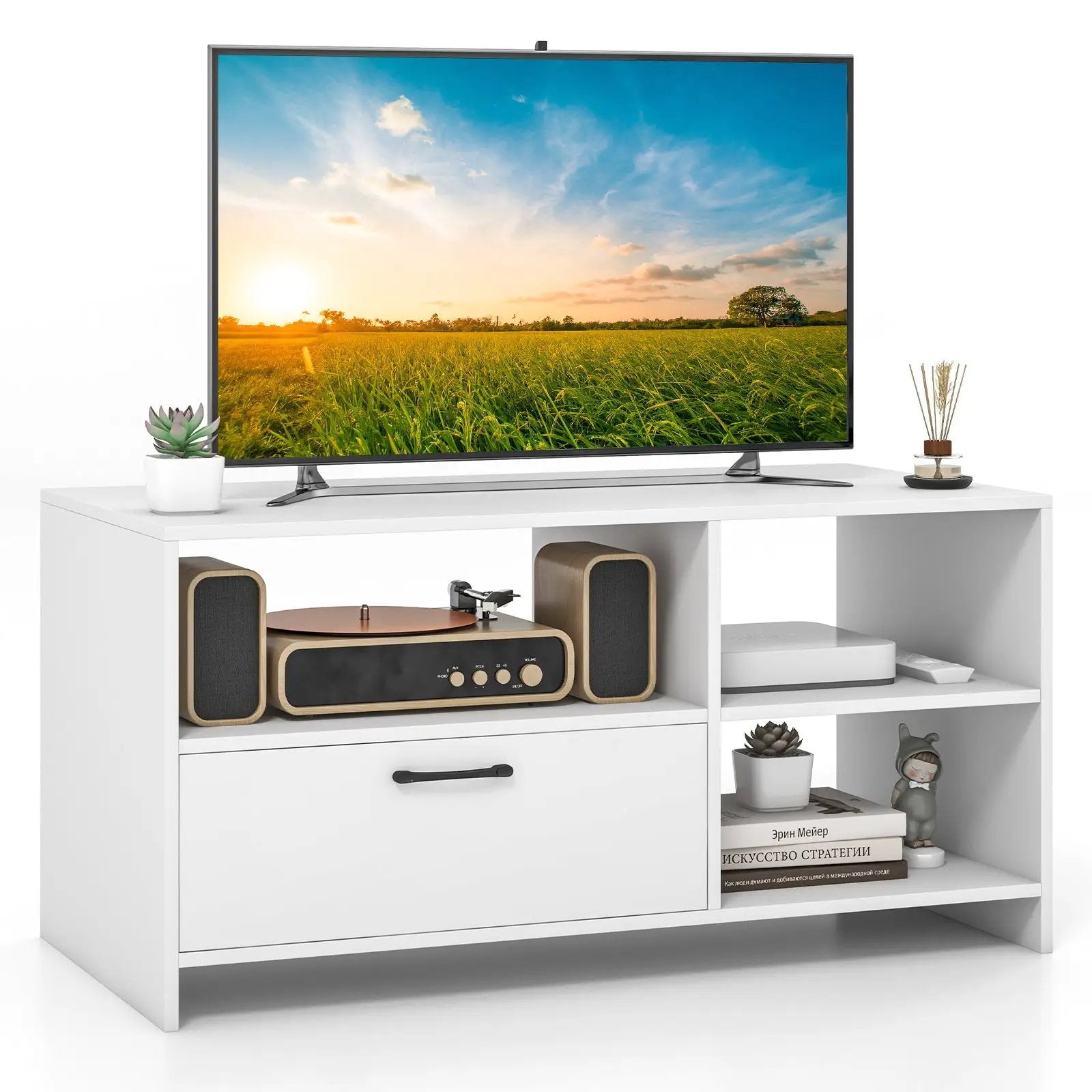 Modern Media Console Table with 3 Open Compartments and 1 Storage Drawer-White by DirectDeals
