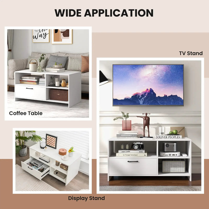 Modern Media Console Table with 3 Open Compartments and 1 Storage Drawer-White by DirectDeals
