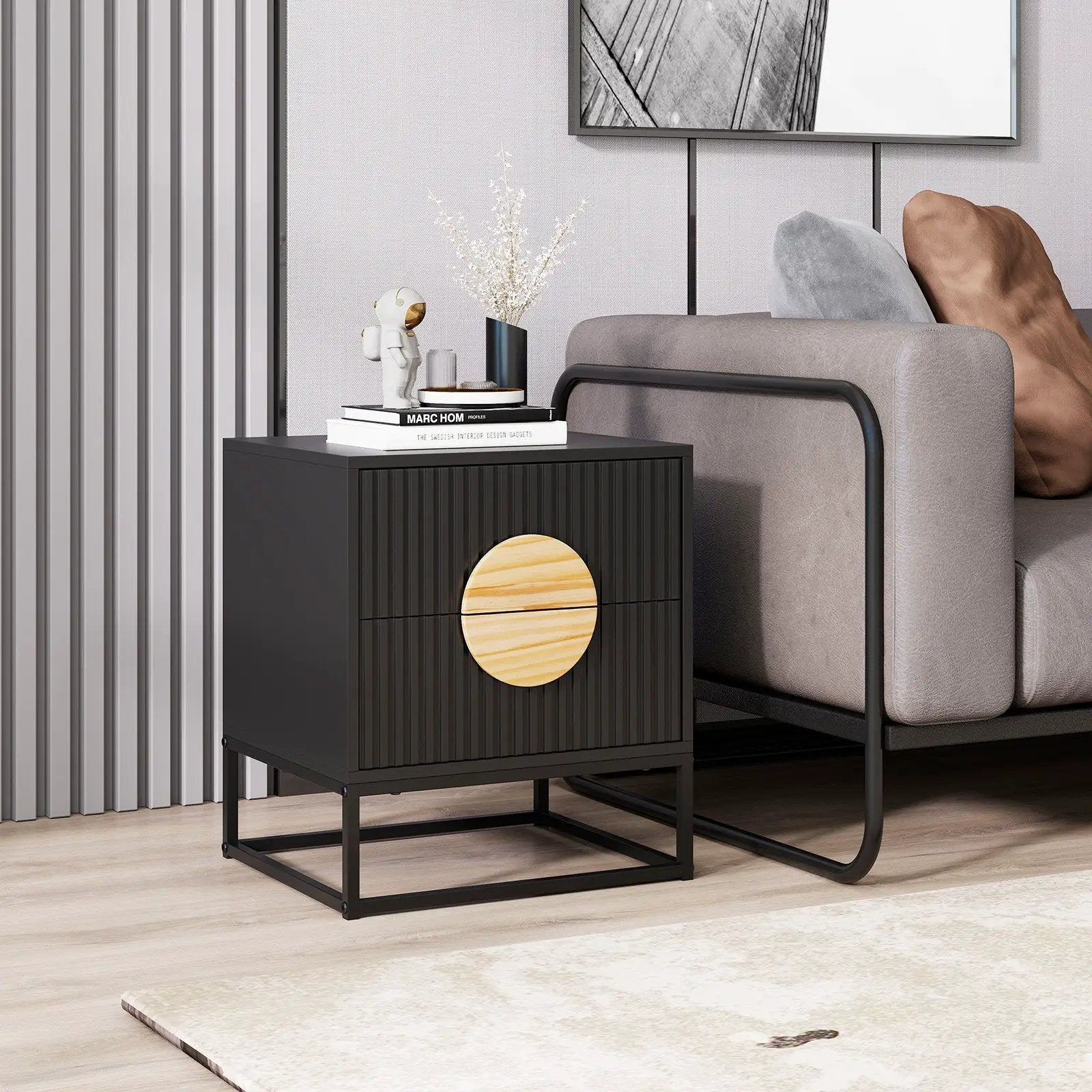 Modern Mid Century Fluted Nightstand with 2 Drawers and Pine Wood Handles for Bedroom by DirectDeals