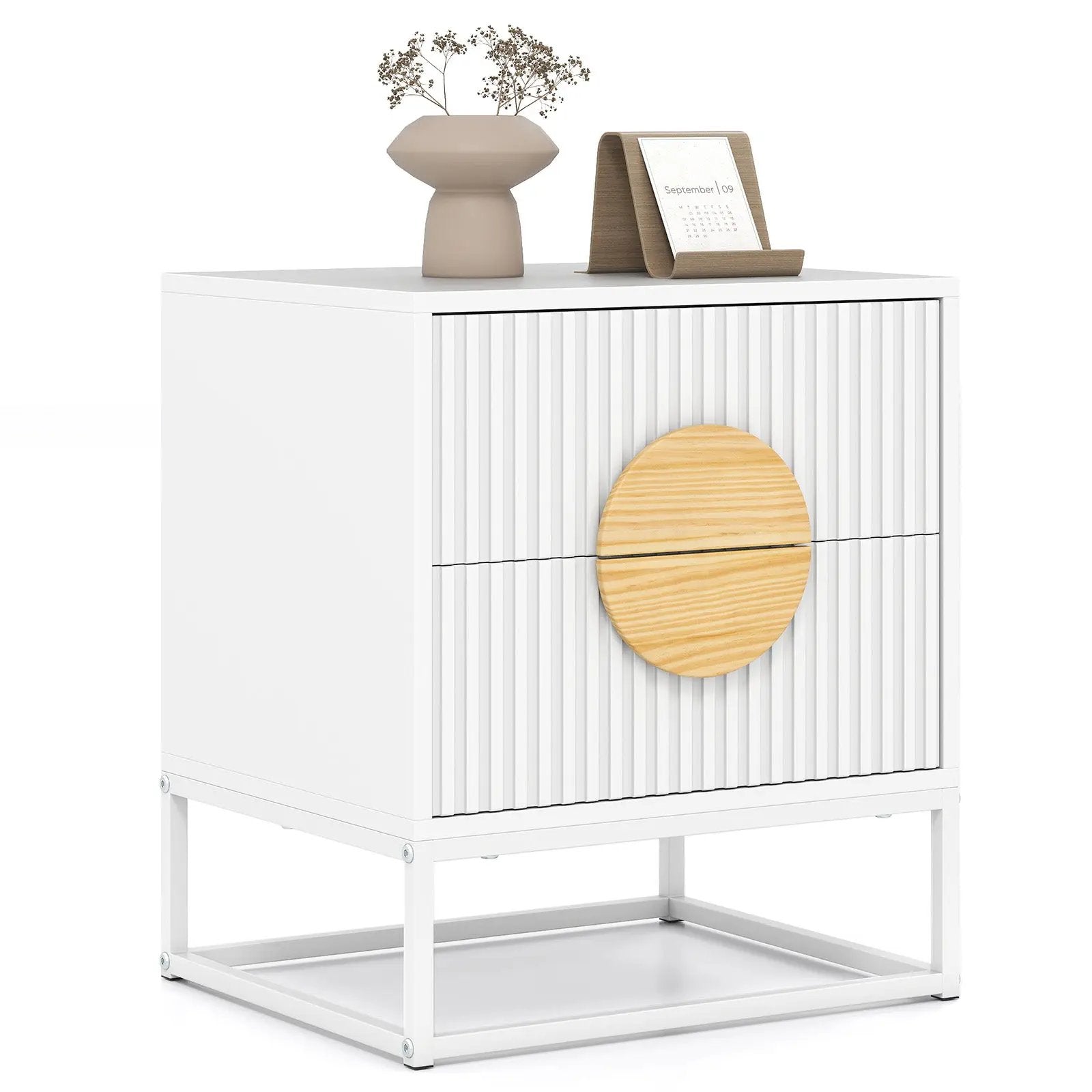 Modern Mid Century Fluted Nightstand with 2 Drawers and Pine Wood Handles for Bedroom by DirectDeals