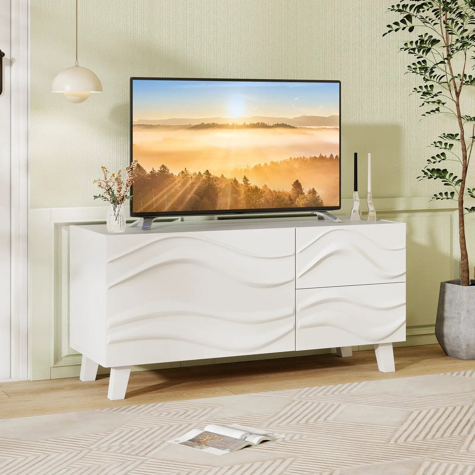 Modern Mid Century TV Stand with Drawers for 44 Inch TV-White by DirectDeals